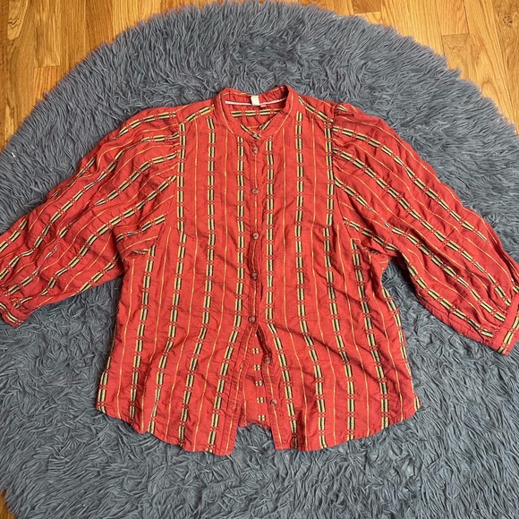Anthropologie Pilcro The Bella Femme Top Button Front Orange Puff Sleeves XL - Picture 2 of 6